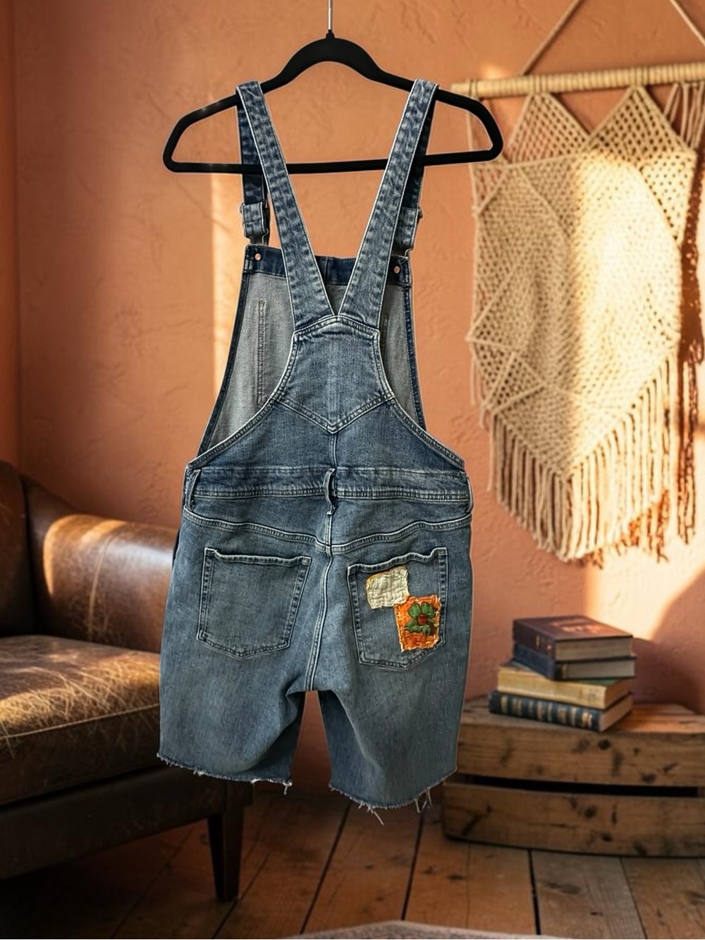 Old Navy Denim Shorts Overalls. Kantha patches. Size: 14